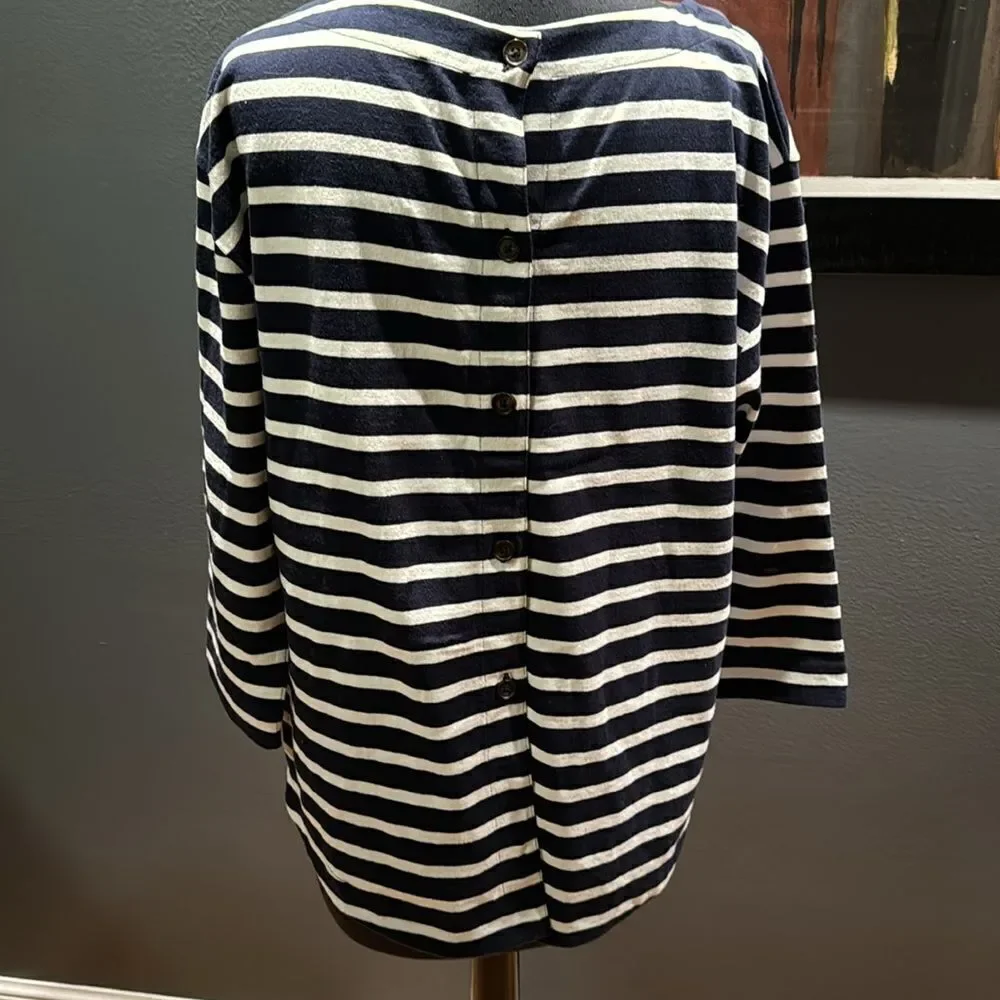 J. Crew dark navy/white stripe button back crew neck top. 3/4 sleeves. Small.